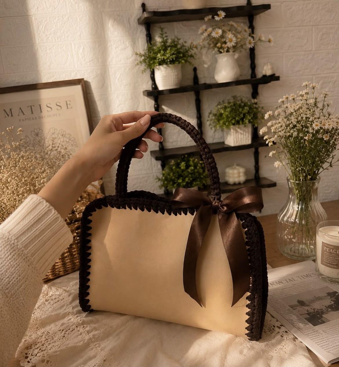 crochet leather bag